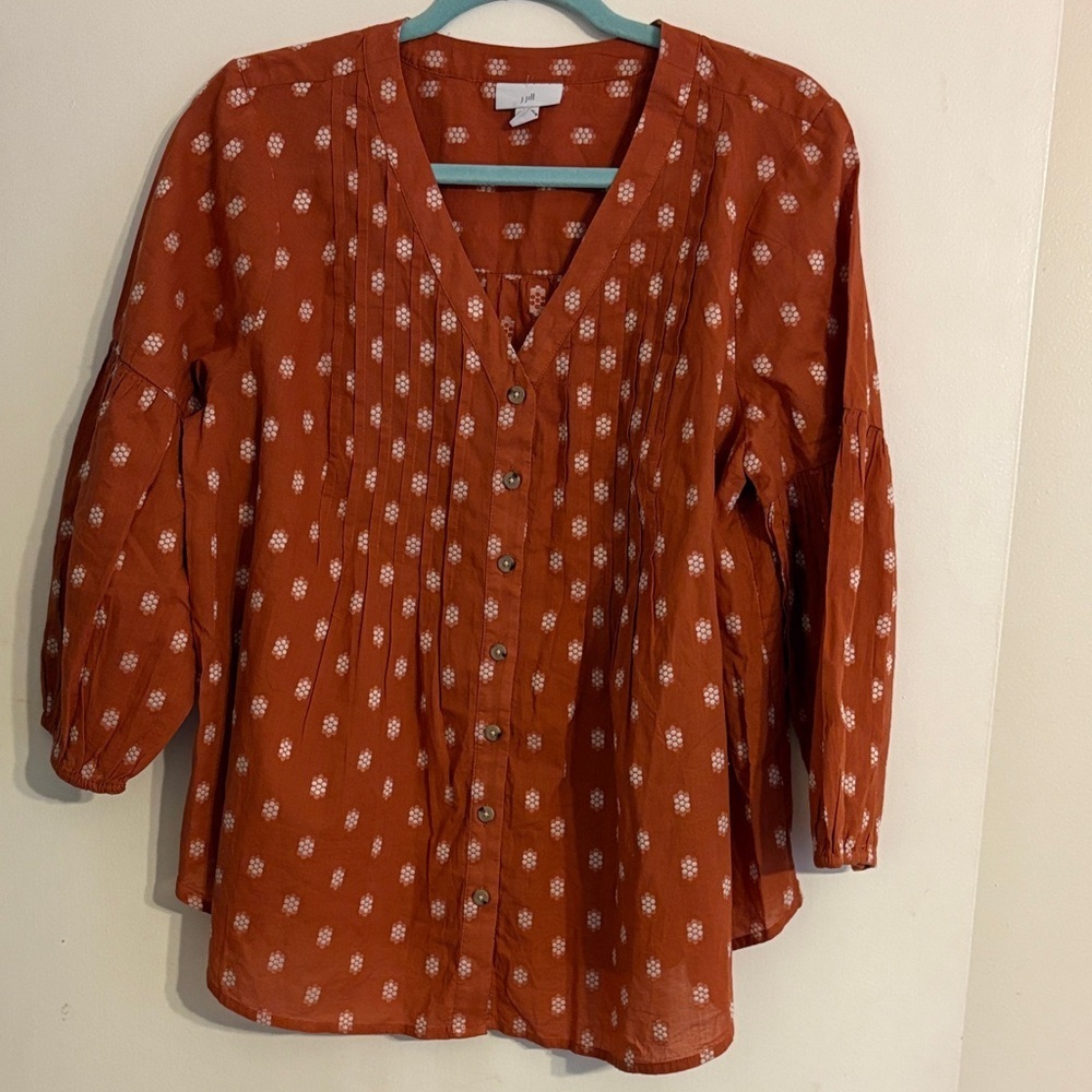 J Jill Peasant Top Brick Brown Floral Pattern Button Down. Size M